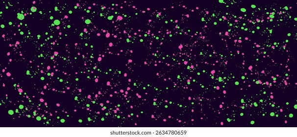 Dark abstract background with vivid green and pink splashes. Grunge texture creates a chaotic, energetic, and expressive paint splatter design.

