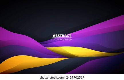 Dark abstract background with yellow and purple colored dynamic wave shapes. Graphic design background template with dark violet and yellow curve shapes. Vector illustration