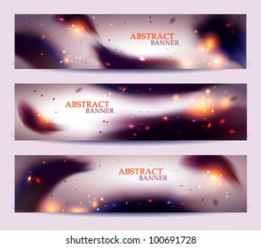 Dark abstract banner (header) set with swirl, feathers, light spots and particles - vector illustration for your business presentations.