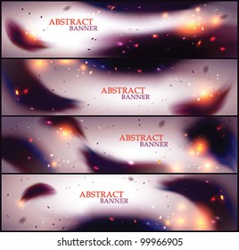 Dark abstract banner (header) set with swirl, feathers, light spots and particles - vector illustration.