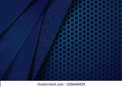 Dark abstract blue background with circle and black overlap layers. Silver list and silver glitters dots element on hexagon textured background EPS10 vector