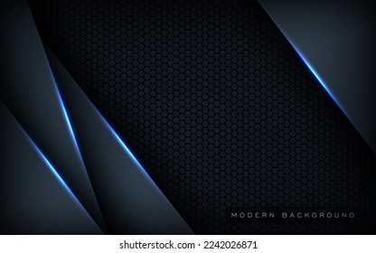 Dark abstract blue light background gradient shapes. navy blue hexagon mesh pattern decoration.