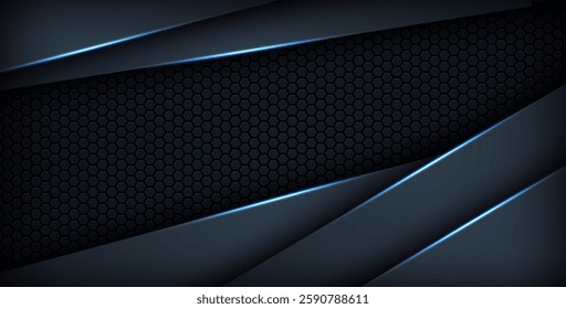 dark abstract blue light background gradient shapes. navy blue hexagon mesh pattern decoration. eps10 vector
