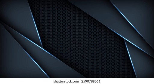 dark abstract blue light background gradient shapes. navy blue hexagon mesh pattern decoration. eps10 vector