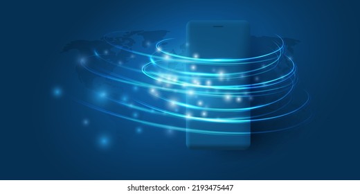 Dark Abstract Blue Minimal Style Cloud Computing, Mobile Networks, Global Telecommunications Concept Design, Network Nodes On World Map And Around A Mobile Device - Creative Vector Illustration