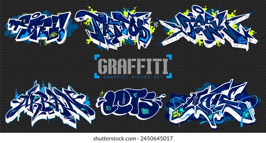 Dark Abstract Colorful Urban Graffiti Style Street Art Lettering Vector Illustration Set