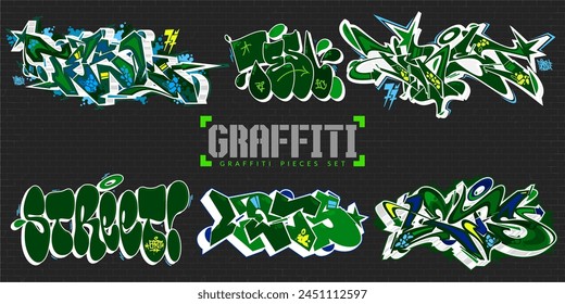 Dark Abstract Colorful Urban Graffiti Style Street Art Lettering Vector Illustration Set