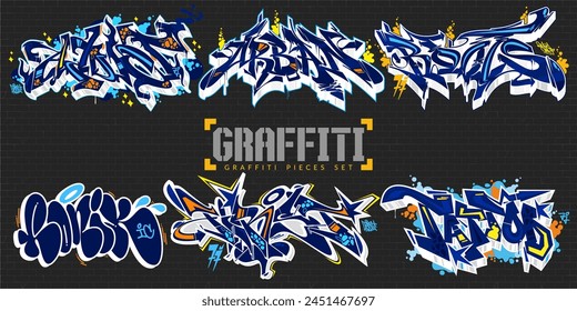 Dark Abstract Colorful Urban Street Art Lettering Vector Illustration Graffiti Pieces Set 