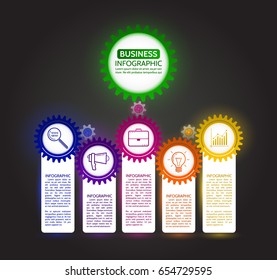 Dark abstract connected gears style business infographics. Communication concept with icons and text boxes on the black background. Vector illustration eps 10