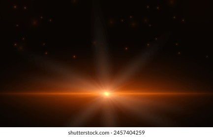 Fondo cósmico abstracto oscuro con destello de luz y rayos de luz brillantes. Ilustración vectorial con destellos y reflejos naranja brillante y amarillo.