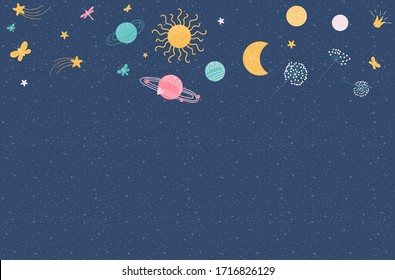 Oscuro fondo de cosmo abstracto con la luna del planeta y la estrella, sol o naturaleza como mariposa, libélula y azul diente de león, ilustración vectorial. Antecedentes astronómicos del doodle dibujado a mano en el cielo nocturno
