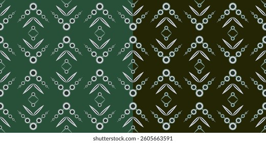 Dark abstract ethnic seamless pattern. Black circle and curved lines. Geometric linear elements. Complex square monochrome shapes on dark green background. Clear strict ornament