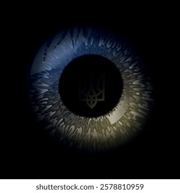 Dark abstract eye with the Ukrainian trident symbol, surrounded by a sharp feather-like texture, symbolizing vision, national identity, and resilience