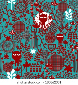 Dark abstract floral seamless pattern. Background in vector with cute cat. 