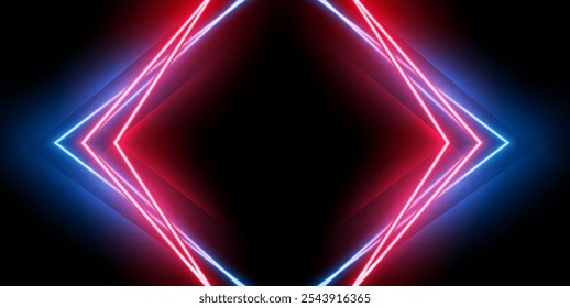 Dark abstract futuristic background with Red and blue glowy neon lines.