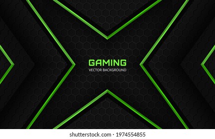 Dark abstract gaming background with hexagon carbon fiber grid and green abstract arrows. Futuristic luxury modern sporty game hexagonal background. Futuristic abstract black and green banner.