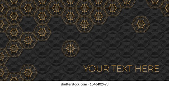 Dark abstract geometric background with orange thin lines. Banner with copy space. Vector design template for signboard, social media banner and advertisement.