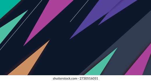 Fondo geométrico abstracto oscuro con Formas diagonales nítidas en azul marino, púrpura, verde azulado y naranja. Diseño moderno de alto contraste con profundidad y movimiento dinámico para tecnología y creatividad