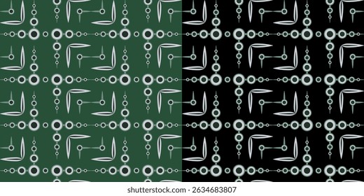 Dark abstract geometric seamless pattern. Black circle and curved lines. Parallel and perpendicular lines. Complex square monochrome shapes on dark background. Clear strict ornament