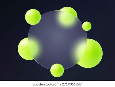 Fundo de morfismo de vidro abstrato escuro com painel circular fosco e esferas verdes brilhantes
