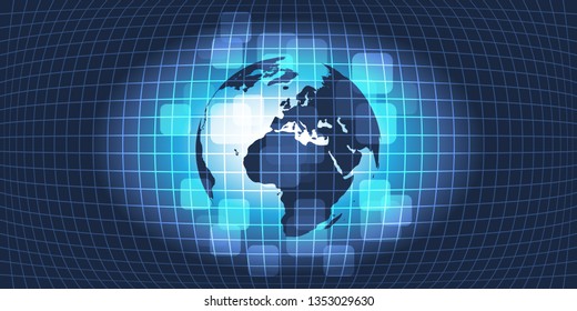 Dark Abstract Global Technology, Networking and Cloud Computing Design Concept with Globe and Grid Pattern - Digital Network Connections, Technology Background