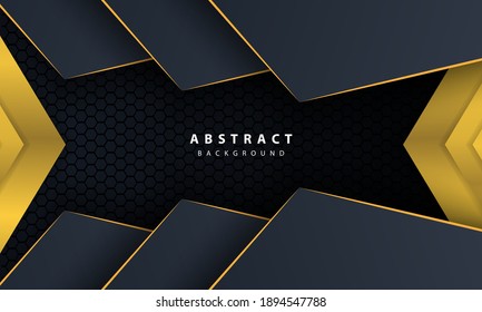 Fondo hexagonal abstracto oscuro con formas gradientes de línea dorada.