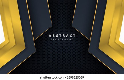 Dark abstract hexagon background with gold line gradient shapes.