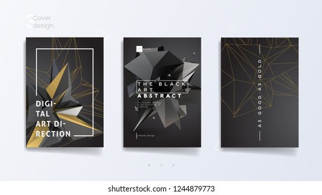 Dark abstract industrial brochure template set with 3d polygonal shapes and contours, can be used for technology brand, advertising promotion and typography design. Vector illustration