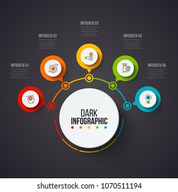 Dark abstract infographics number options template. Vector illustration. Can be used for workflow layout, diagram or web. Business concept with 5 steps or options.