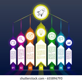 Dark abstract infographics template with arrows. Flat design elements. Black infographics seven options with numbers, icons and Information text. Abstract business concept with 7 options or steps.