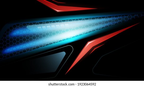 Dark abstract lighting technology vector background. Black abstract banner with hexagon carbon fiber grid and blue light. Futuristic tech gaming background. Ratio full hd, vector illustration. svg