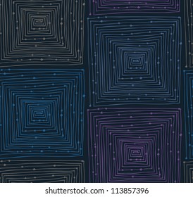Dark abstract linear grunge seamless pattern. Endless background with mazes. Labyrinth. Hand drawn vector texture with squares and dots