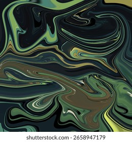 Dark abstract marble swirl design in deep green, black, and brown tones, ideal for backgrounds and artistic textures.