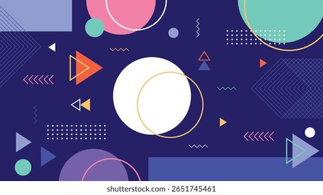 Dark abstract Memphis-inspired background featuring bold geometric circles and layered shapes in vibrant colors.