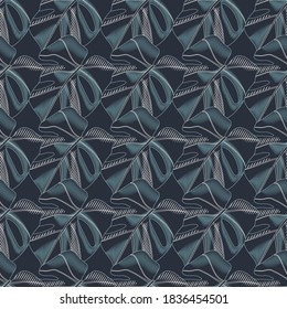 Dark abstract monstera leaf silhouettes seamless pattern. Houseplant tropical print in navy blue tones palette. Decorative backdrop for fabric design, textile, wrapping, cover. Vector illustration