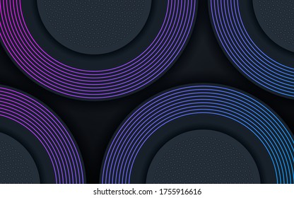 Dark abstract overlap layers background. Blue and purple gradient line decoration.