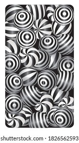 Dark abstract paint background with striped spheres. Modern screen vector design for mobile