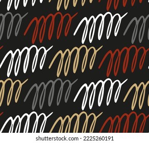 Dark abstract pattern with handwritten spirals on black background. Simple brown swirl. Seamless texture for modern backdrop, web wallpaper, textile fabric design. Vector repeating line from freehand.
