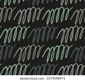 Dark abstract pattern with handwritten spirals on black background. Simple swirl. Seamless texture for modern backdrop, web wallpaper, textile fabric design. Vector repeating line from freehand.