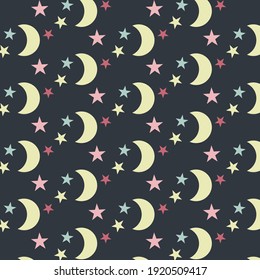 Dark Abstract Pattern with Moon and Colorful Stars