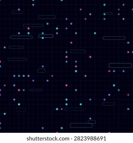 Dark abstract sci-fi background featuring a neon cyber grid with glowing pink and blue dots and dashes. Retro-futuristic 80s arcade vector style perfect for gaming, technology, and cyberspace themes.