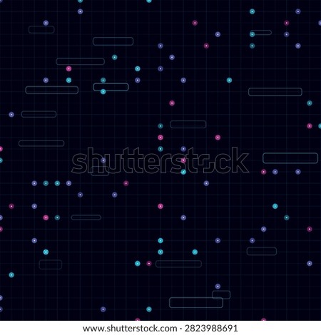 Dark abstract sci-fi background featuring a neon cyber grid with glowing pink and blue dots and dashes. Retro-futuristic 80s arcade vector style perfect for gaming, technology, and cyberspace themes.