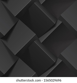 Dark abstract seamless geometric pattern. Realistic 3d cubes from black paper. Vector template for wallpapers, textile, fabric, wrapping paper, backgrounds. Texture with volume extrude effect.