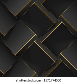 Dark abstract seamless geometric pattern. Realistic 3d cubes with thin golden lines. Vector template for wallpapers, textile, fabric, wrapping paper, backgrounds. Texture with volume extrude effect.