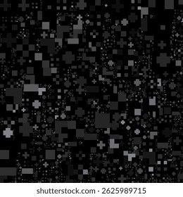 A dark, abstract seamless pattern composed of various sized black and gray squares and rectangles, creating a pixelated or digital noise texture.