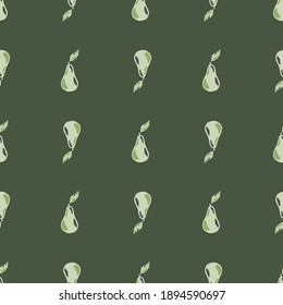 Dark abstract seamless pattern with decorative simple pear silhouettes. Green olive background. Graphic design for wrapping paper and fabric textures. Vector Illustration.