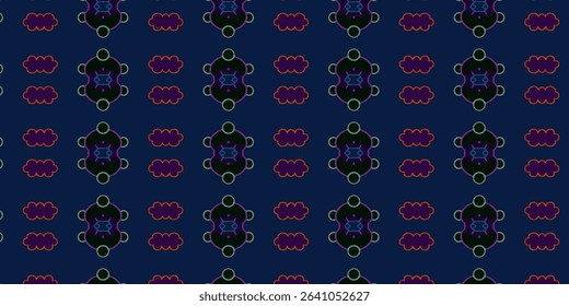 A dark abstract seamless pattern with neon elements in purple, blue, and green, paired with orange cloud shapes. Great for modern digital backgrounds.