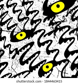 Dark abstract seamless pattern with wave elements and eyes