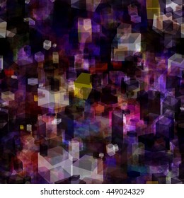 Dark abstract seamless vector background. Hexagons. Box. Parallelepiped. Overlay transparency, overlap. For fabrics, wrapping paper, printing. Watercolor effect.