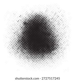 A dark abstract shape formed by a dense pattern of black halftone dots, fading outwards into a scattered, textured grunge effect on a white background.